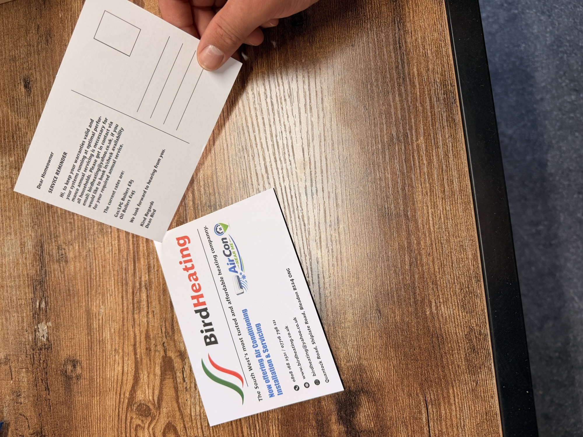 Printed promotional postcards and service reminder cards