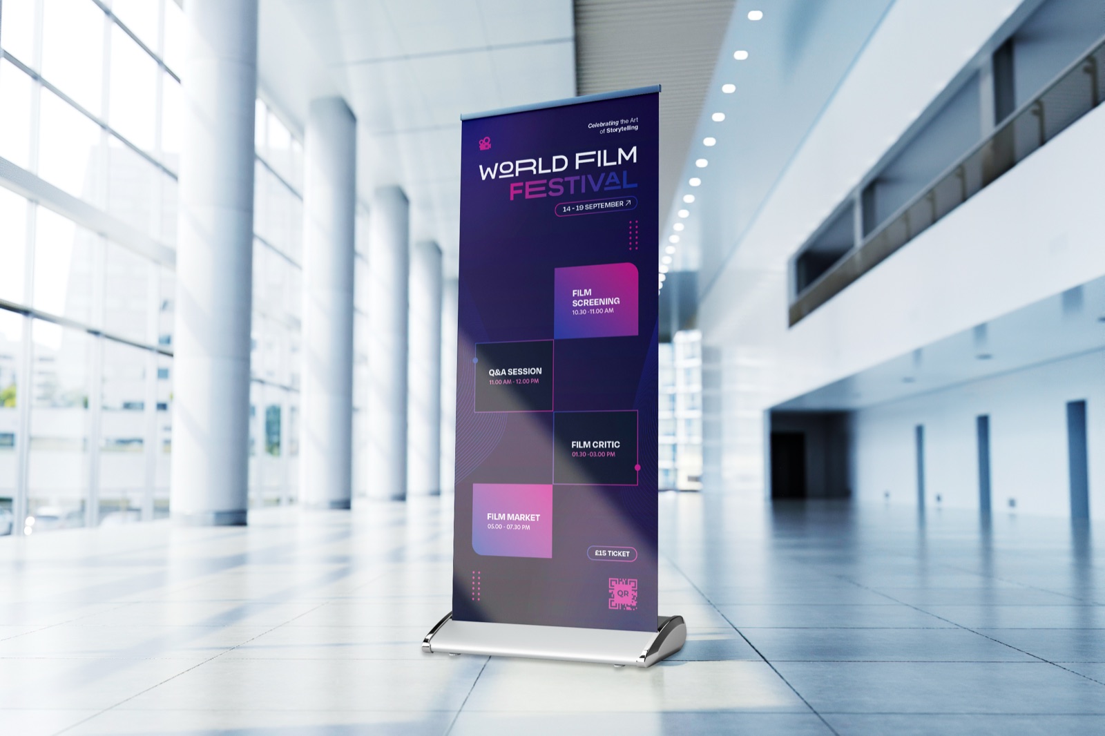 Premium roller banner stand at an exhibition