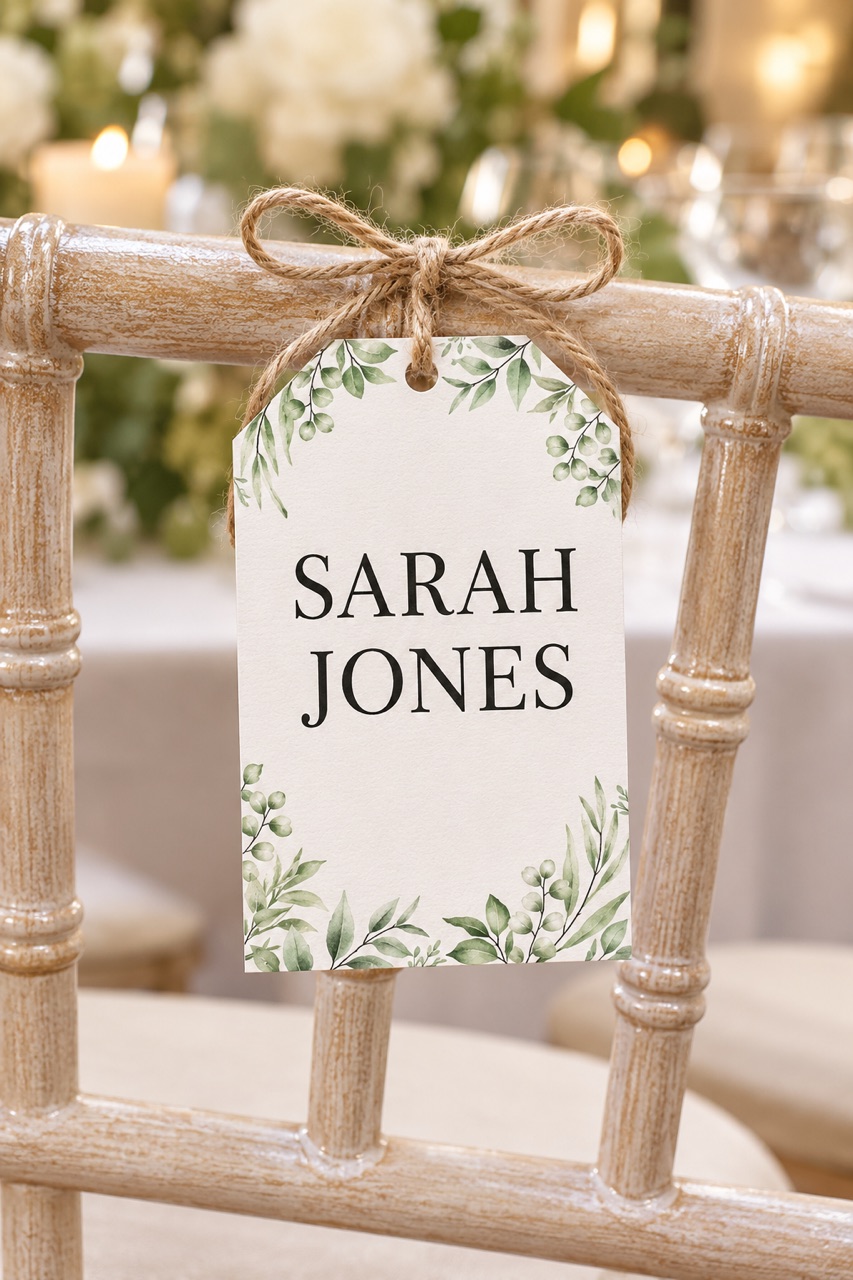 Printed chair tag reading Sarah Jones tied to a wedding chair with twine