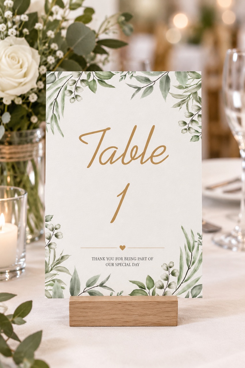 A4 table number card in a wooden stand surrounded by flowers