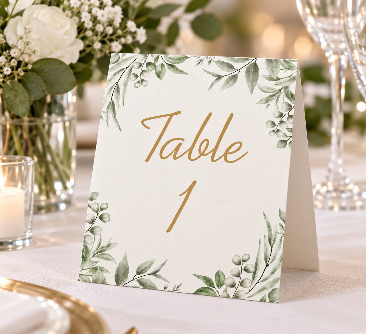Folded Table 1 number sign with greenery border standing on a reception table